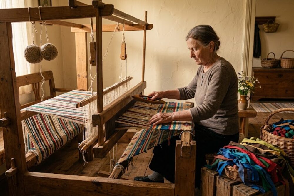 Žena izrađuje šarenu krparu na tradicionalnom drvenom razboju, okružena trakama starih tkanina.