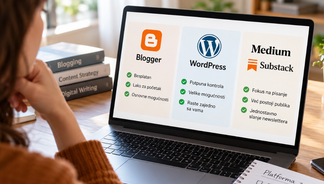 Osoba za laptopom upoređuje različite platforme za pokretanje bloga, uključujući Blogger, WordPress, Medium i Substack